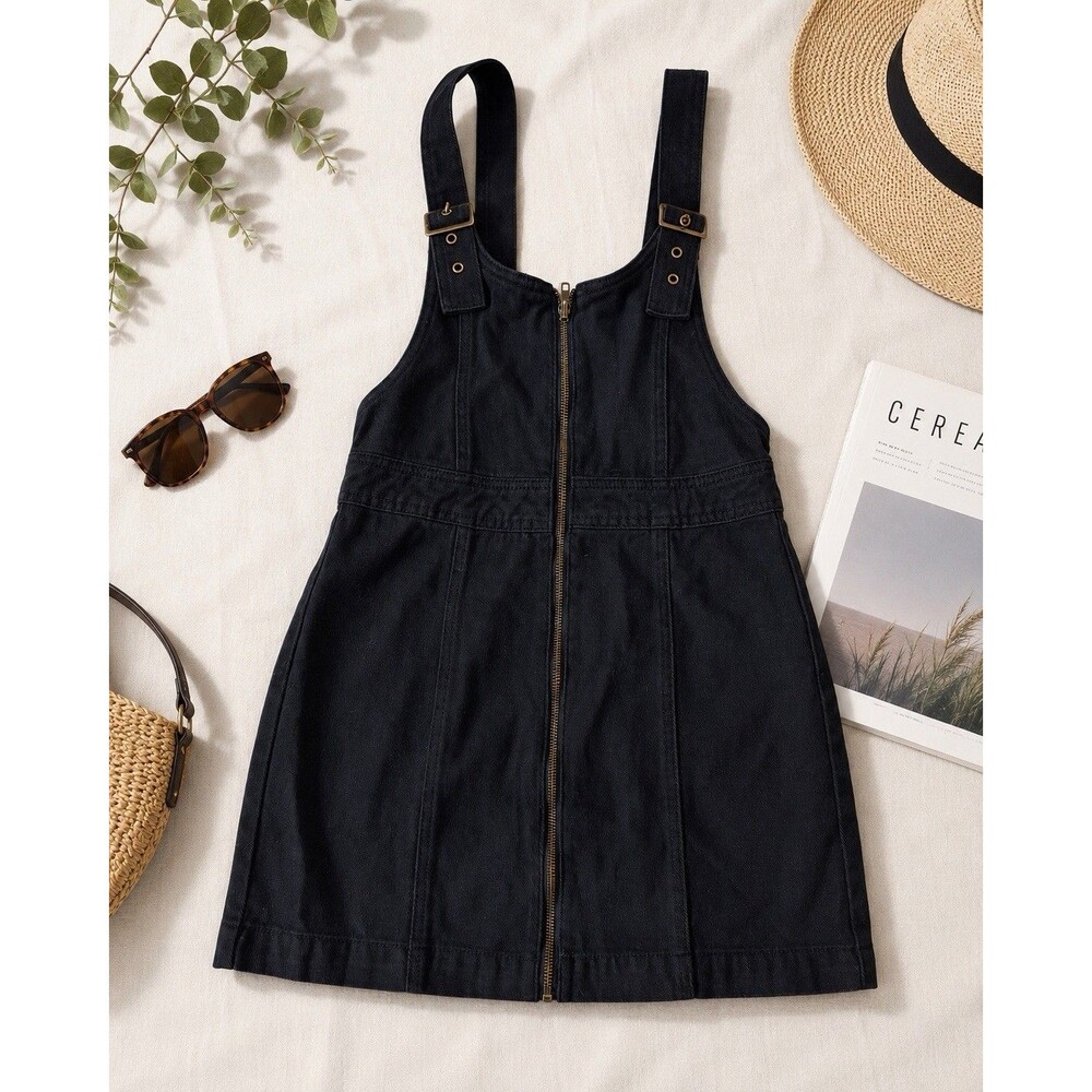 PacSun Black Denim Zip Front Pinafore Overall Mini Dress Womens S Cotton